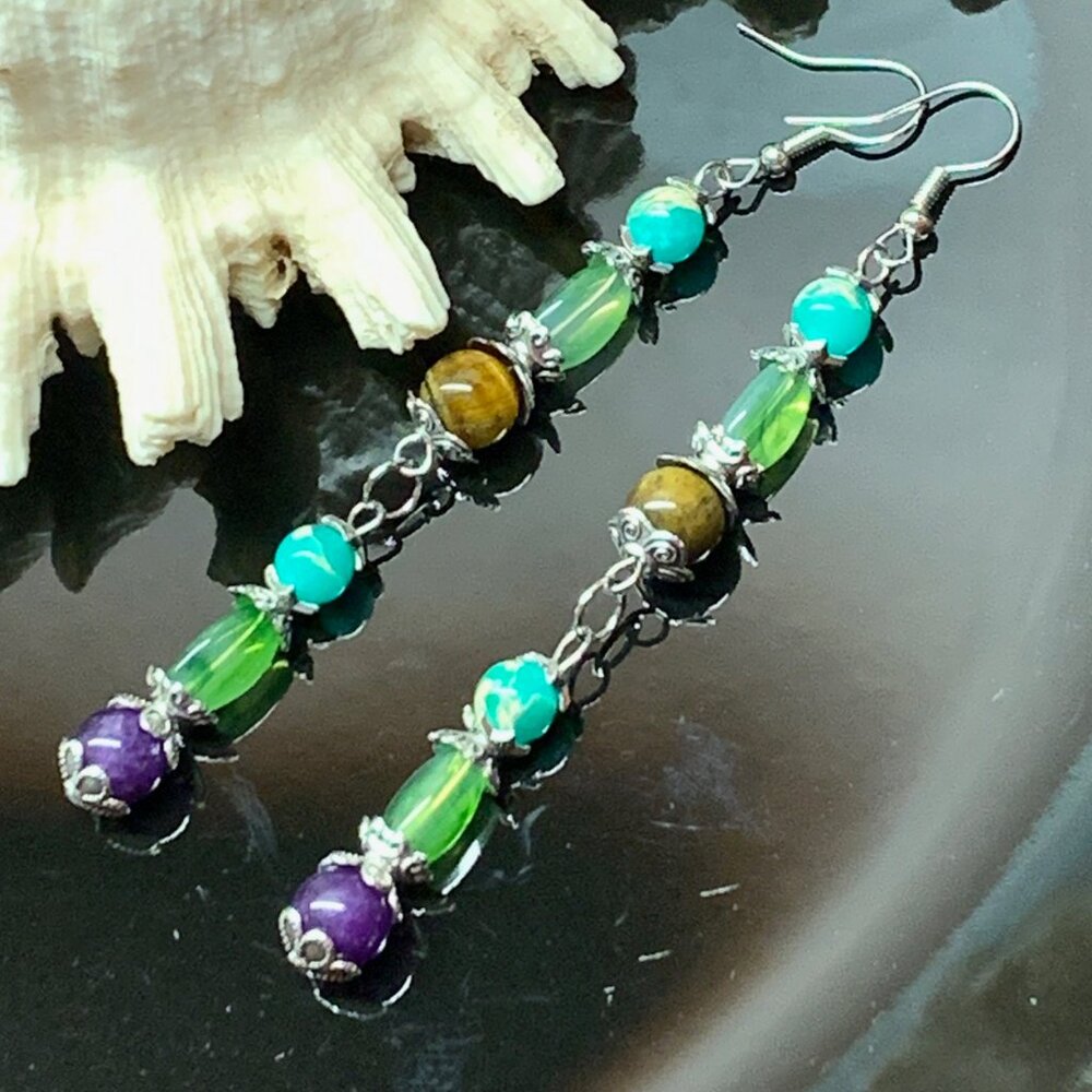 Long Dangle Stone & Glass Beads Handmade Pierced Earrings LR135